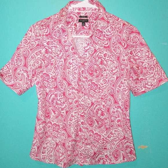 Talbots Tops - Talbots Petite Paisley Pink And White Button Down Short Sleeve Top